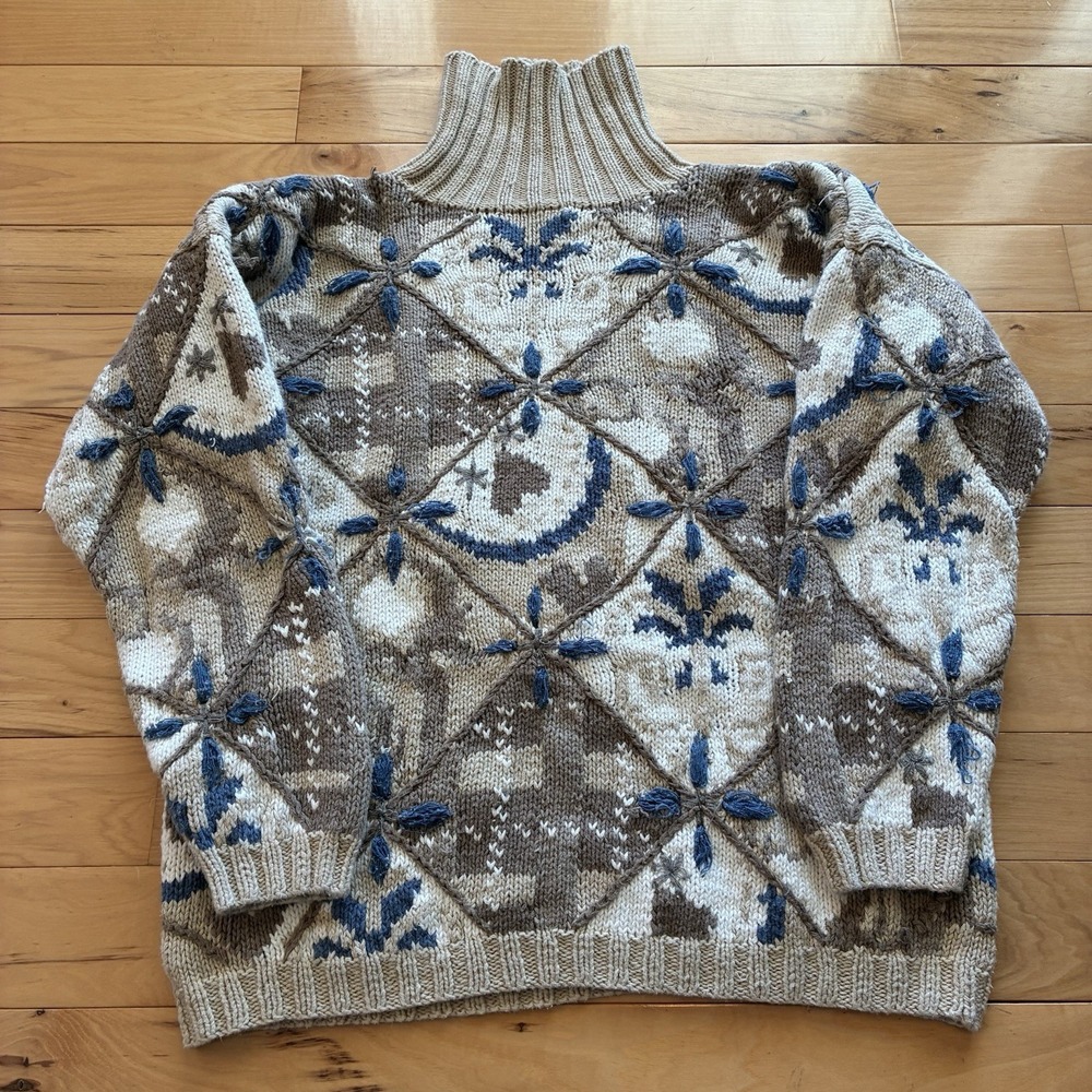 Express Tricot Hand Knit Cotton Blend Sweater Medium Chunky Fair Isle Crewneck